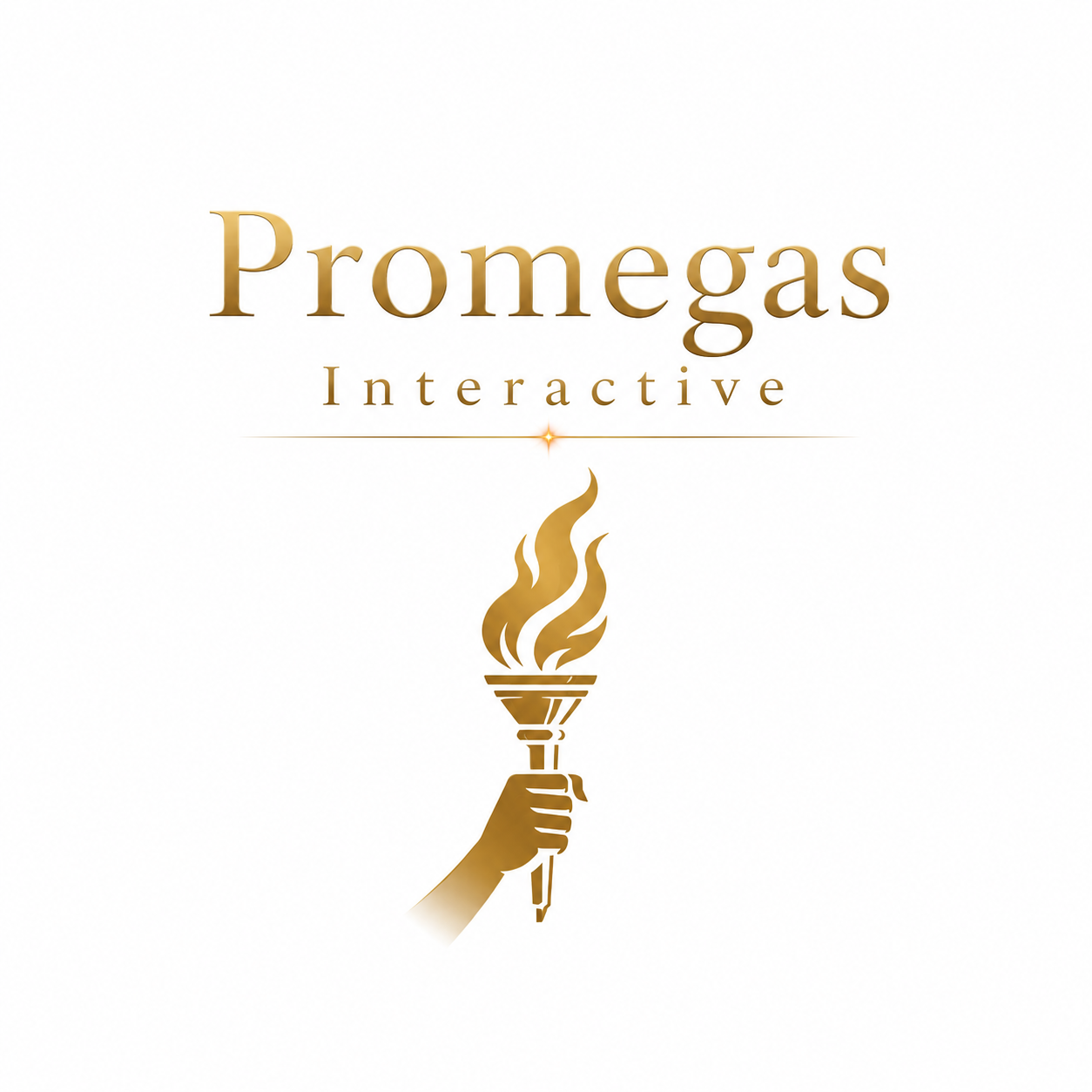 Promegas Interactive logo, featuring a hand holding a torch